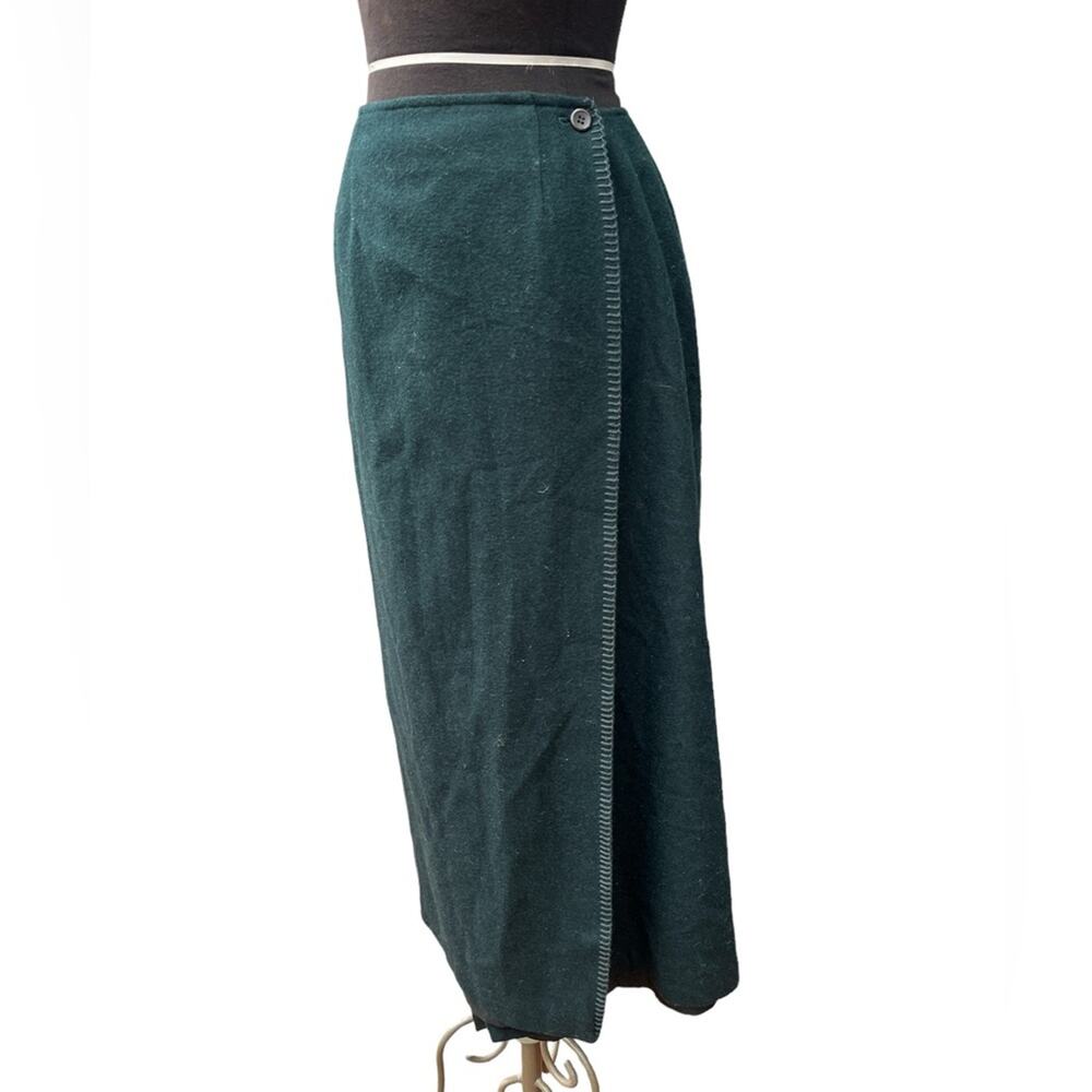 Vtg Talbots Green Wool Wrap Boho Lagenlook Contrast Stitching Midi Skirt